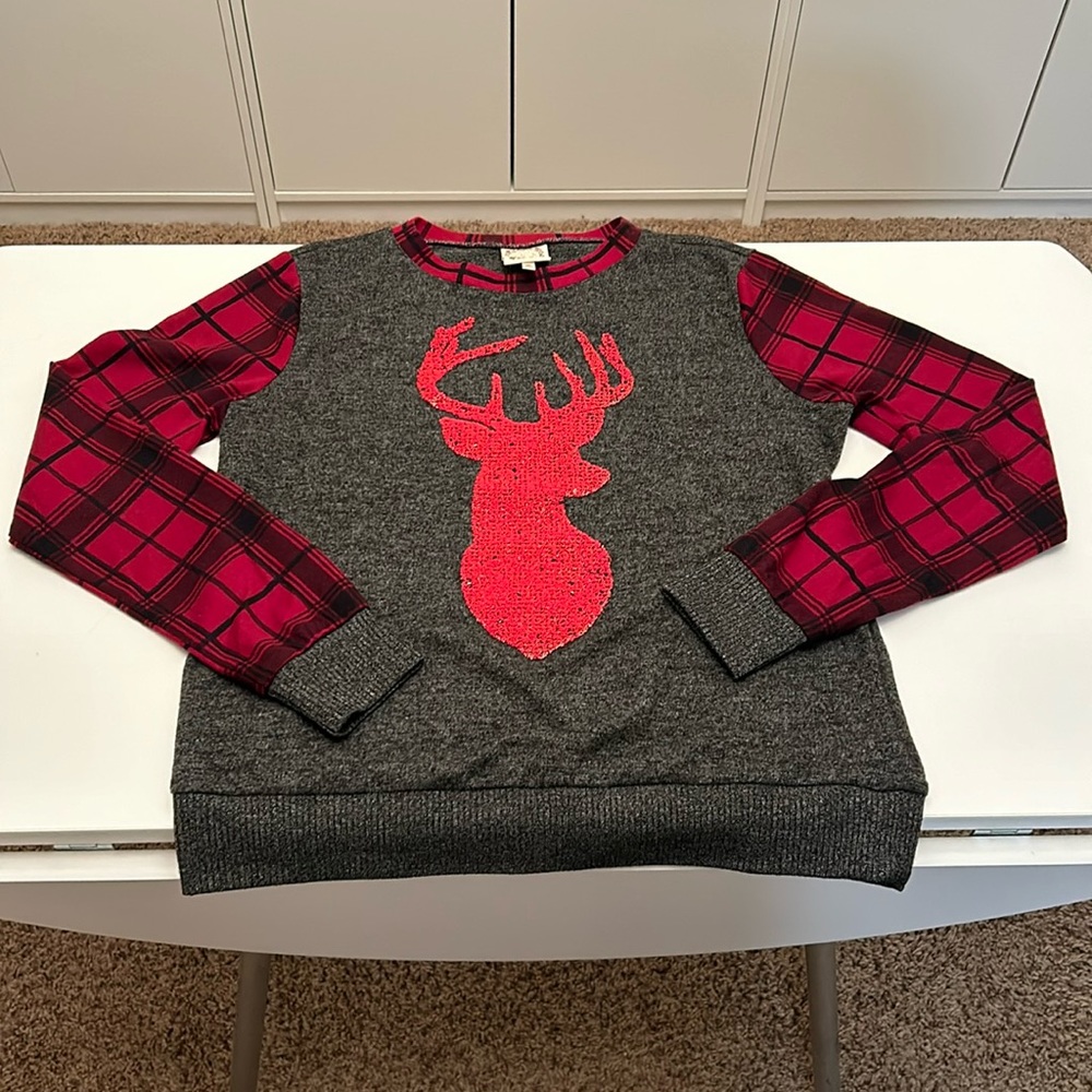 Truself reindeer sweater plaid colorblock beaded Size Medium